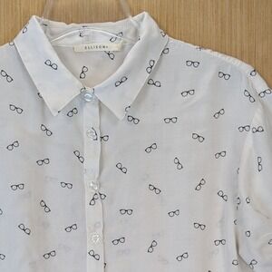 Ellison Womens White Eyeglasses Print‎ Shirt Small Twee Quirky Whimsy Teacher